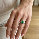 "Orlien" Green Emerald 0.65 Carat Emerald Cut Natural Diamond Trilogy Engagement Ring HM2043