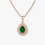 Pear Cut Emerald Cluster Pendant with Double Diamond Halo