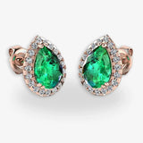 Pear Shape Emerald and Diamond Halo Stud Earrings - EHAPE HEERA GOLD