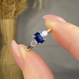 "Selmora" 0.70 Carat Emerald Cut Blue Sapphire Natural Diamond Trilogy Engagement Ring MSR748