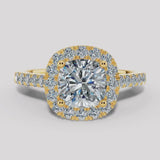 "Madonna" 2.0 Carat Halo Cushion Cut Diamond Shoulder 18k Yellow Gold Engagement Ring