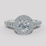 "Indy" 1 carat Halo Round Brilliant Cut Diamond Scallop Set Diamond Shoulder Engagement Ring HARB17