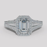 "Elora" 1 Carat Octagon Halo Emerald Cut Diamond Split Diamond Shoulder Engagement Ring HAEC08
