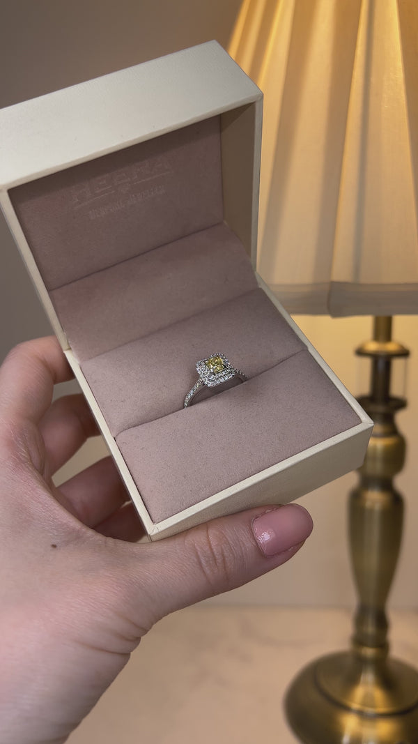 "Holly" Yellow Cushion Cut Halo Diamond Shoulder Engagement Ring DSCC07