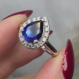 "Hailey" Pear Cut 3 Carat Halo Lab Grown Blue Sapphire Engagement Ring HAPS11S