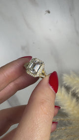 "Hazelena" Emerald Cut with Halo and Diamond Shoulder Engagement Ring