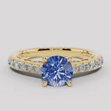 "Midnight" Round Cut 2 Carat Electric Blue Lab Grown Diamond Shoulder 18kt Yellow Gold Engagement Ring DSRB04