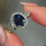 "Alzora" Blue Sapphire 1.94 Carat Oval Cut Natural Diamond Shoulder Engagement Ring HR1319