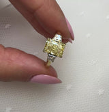 "Gloria" Radiant Cut Fancy Intense Yellow 1.5 Carat Trilogy Lab 18k Yellow Gold Engagement Ring