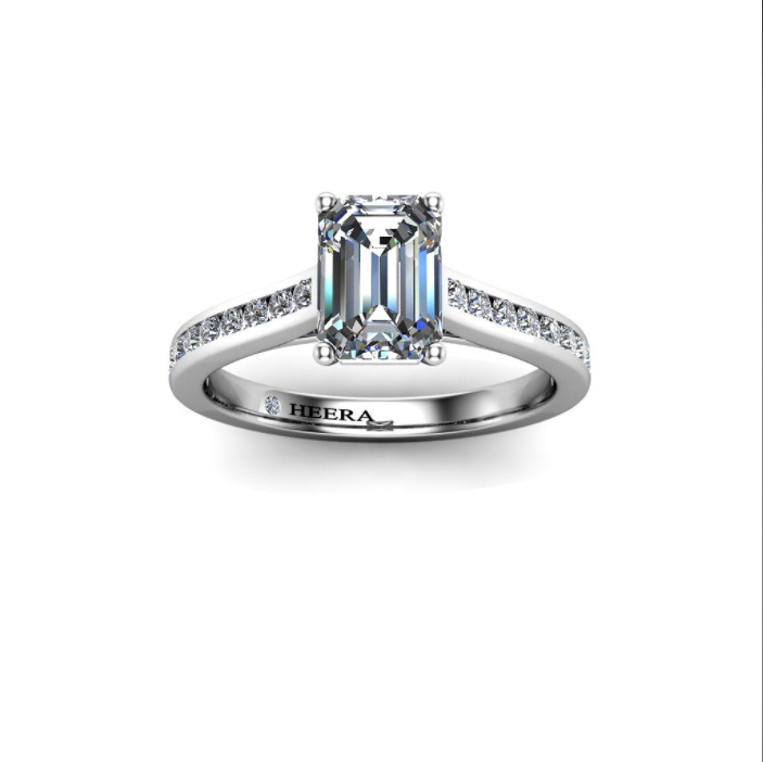 BRIANNA - Emerald Diamond Engagement ring with Diamond Shoulders in Platinum - HEERA DIAMONDS