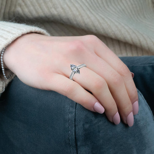 CLEO - Emerald Diamond Engagement ring with Grain Shoulders in Platinum - HEERA DIAMONDS