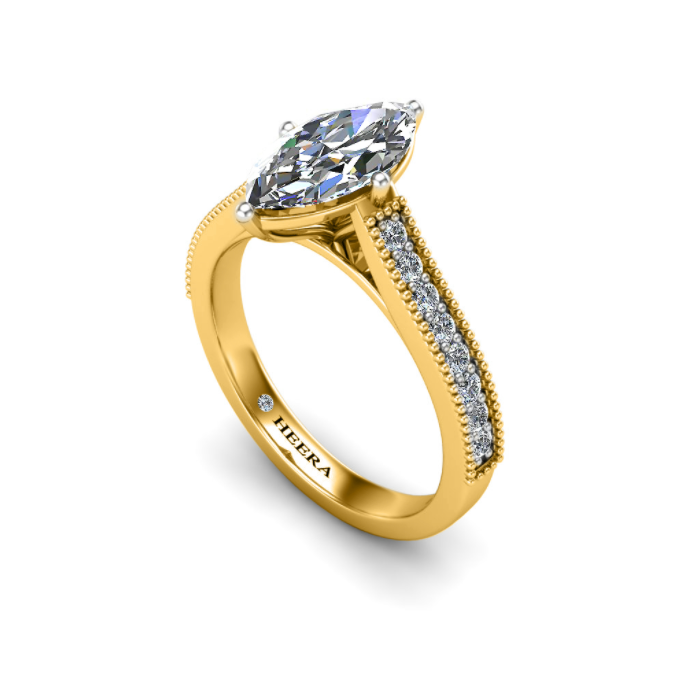 CLEO - Emerald Diamond Engagement ring with Milgrain Shoulders in Yellow Gold - HEERA DIAMONDS