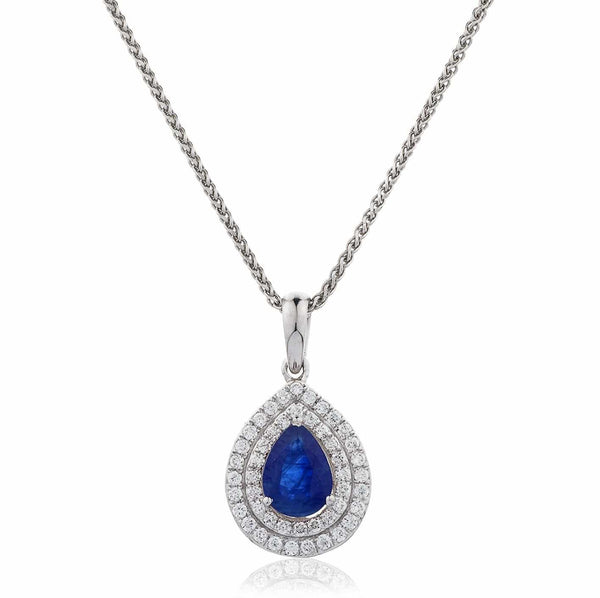 Pear Cut Sapphire Pendant with Double Diamond Halo - HEERA DIAMONDS