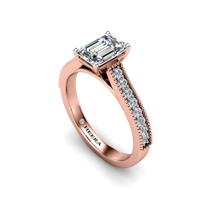 TANIA - Emerald Diamond Engagement ring with Milgrain Shoulders in Rose Gold - HEERA DIAMONDS