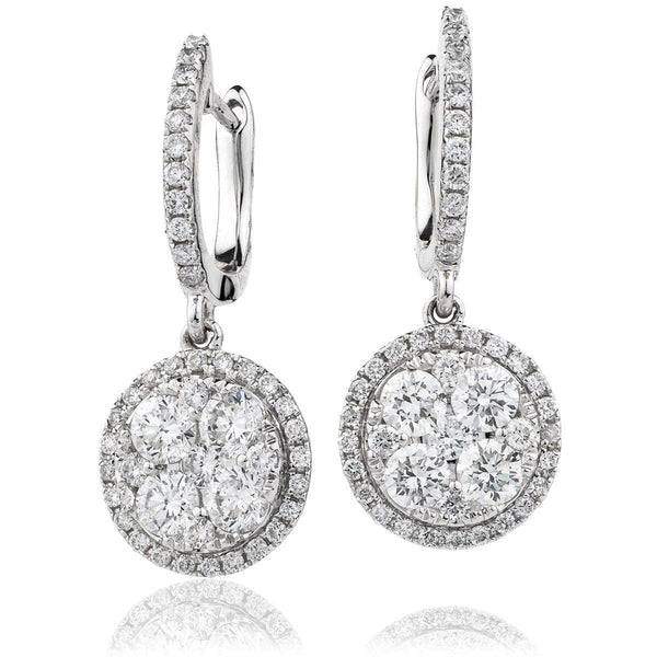 DIAMOND CLUSTER AND HALO DROP EARRINGS IN 18K WHITE GOLD - HEERA DIAMONDS