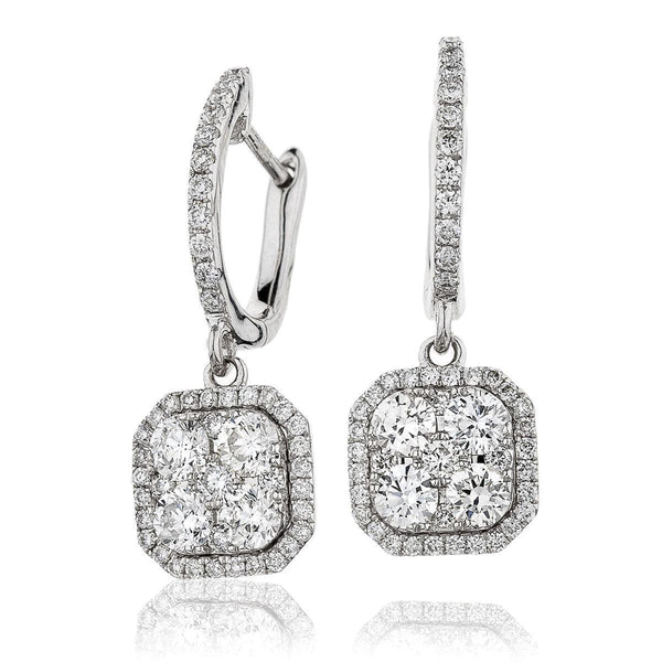 DIAMOND CLUSTER AND HALO DROP EARRINGS IN 18K WHITE GOLD - HEERA DIAMONDS