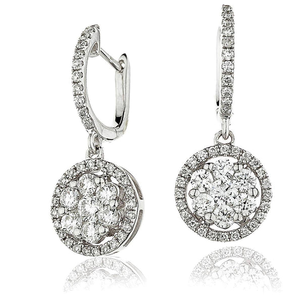 DIAMOND CLUSTER HALO DROP HOOP EARRING IN 18K WHITE GOLD - HEERA DIAMONDS