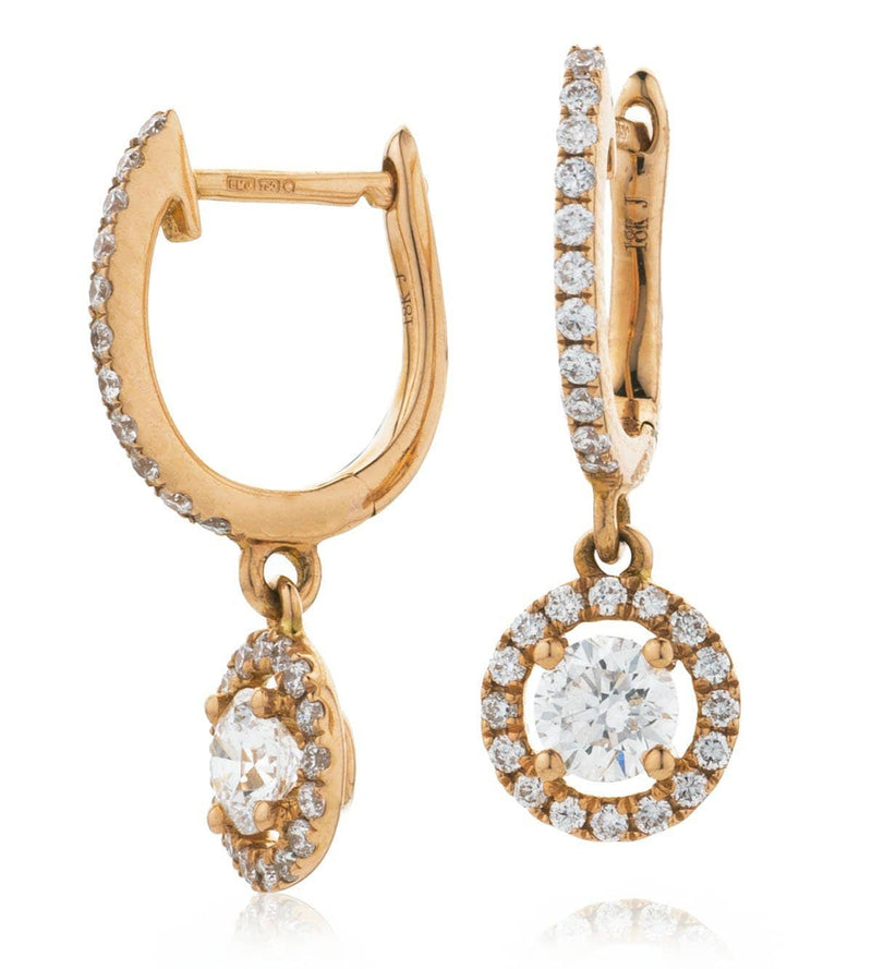 DIAMOND HALO DROP HOOP EARRINGS IN 18K ROSE GOLD - HEERA DIAMONDS