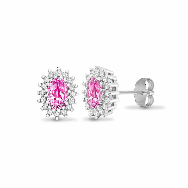 PINK SAPPHIRE HALO STUD EARRINGS IN 9K WHITE GOLD - HEERA DIAMONDS