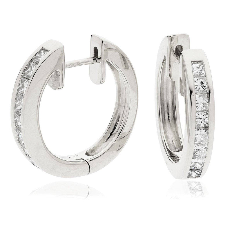 PRINCESS CUT DIAMOND CHANNEL SETTING HOOP EARRINGS IN 18K WHIE GOLD - HEERA DIAMONDS