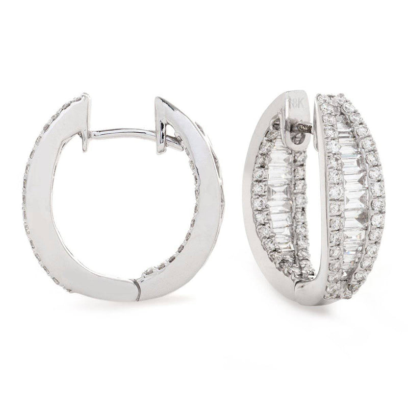 ROUND AND BAGUETTE CUT DIAMOND HOOP EARRINGS IN 18K WHITE GOLD - HEERA DIAMONDS