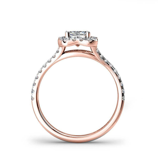 Emerald Engagement Ring with Diamond Split Shoulders and Halo in Rose Gold - HEERA DIAMONDS
