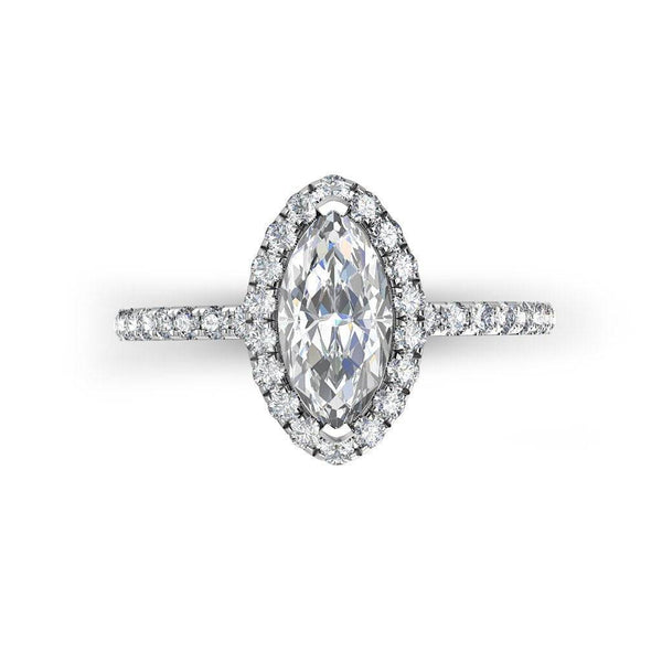 Marquise Cut Engagement Ring with Diamond Shoulders and Halo in Platinum - HEERA DIAMONDS