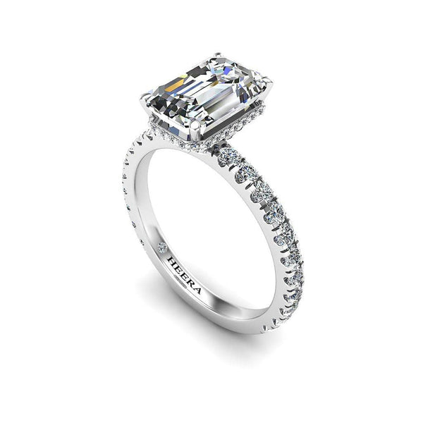 Sabrine Emerald cut Engagement Ring with Diamond Shoulders in Platinum with Under Halo - HEERA DIAMONDS