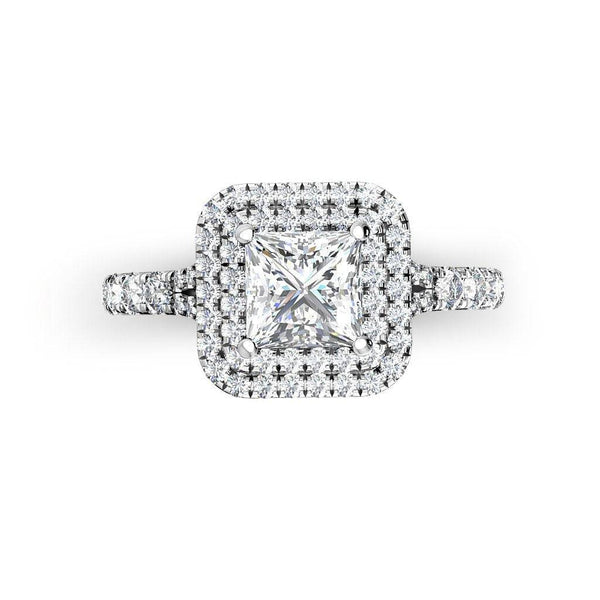 Trinity Princess Cut Double Halo Engagement Ring with Split Shoulders in Platinum - HEERA DIAMONDS