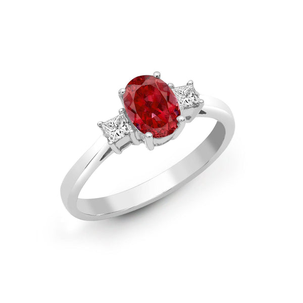 18ct White Gold Diamond And Ruby 3 Stone Ring - HEERA DIAMONDS