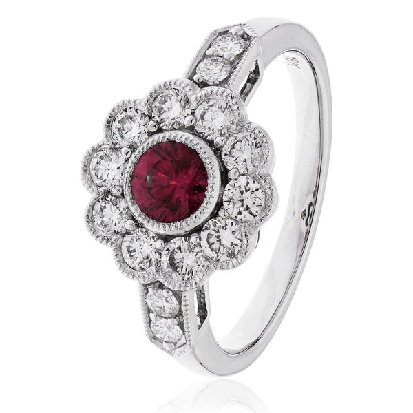 18ct White Gold Ruby Cluster Ring with Side Diamonds - HEERA DIAMONDS