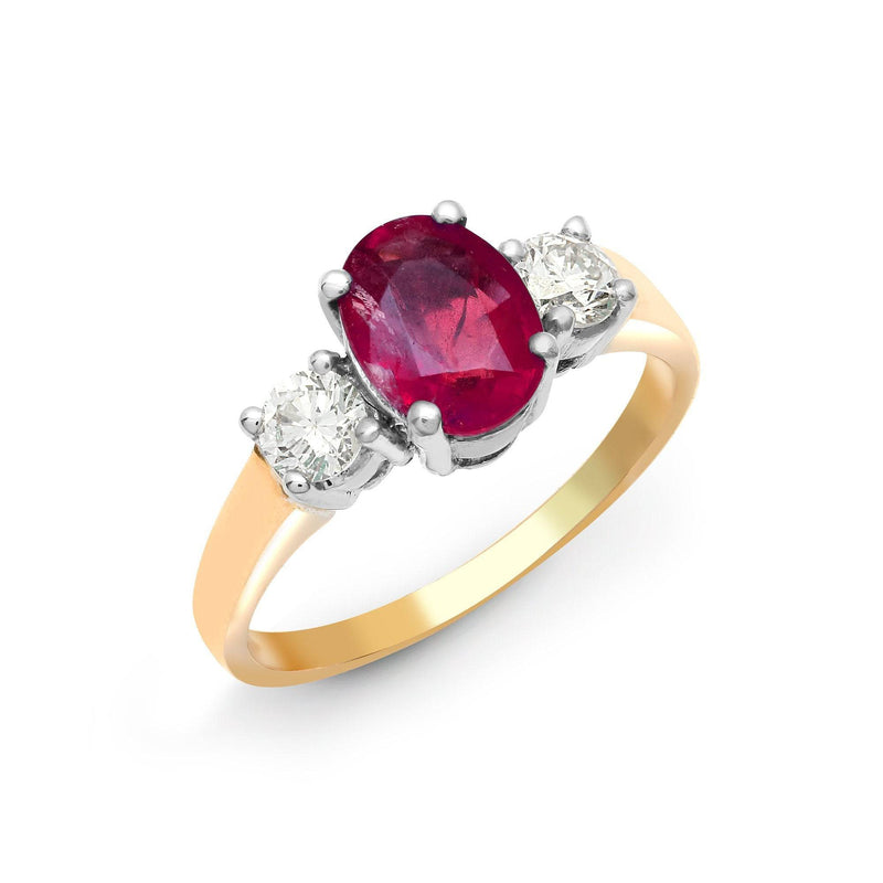 18ct Yellow Gold 3 Stone Diamond And Ruby Ring - HEERA DIAMONDS