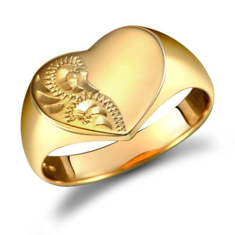 9ct Yellow Gold Signet Ring Heart Half-Engraved - HEERA DIAMONDS