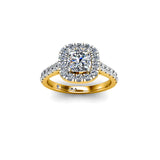 LUCRECIA - Cushion Cut Engagement Ring with Halo and Diamond Shoulders in Yellow Gold - HEERA DIAMONDS
