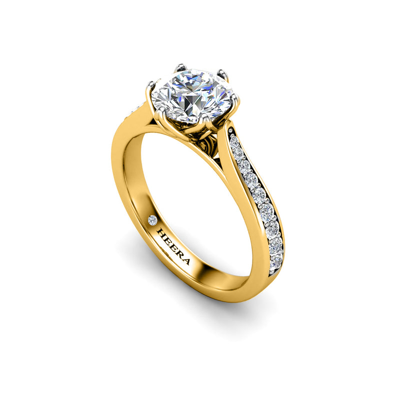 GERALDINE - Round Brilliant Engagement ring with Diamond Shoulders in Yellow Gold - HEERA DIAMONDS