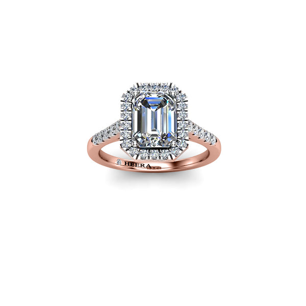 RACHEL - Emerald Cut Engagement Ring with Halo and Diamond Shoulders in Rose Gold - HEERA DIAMONDS