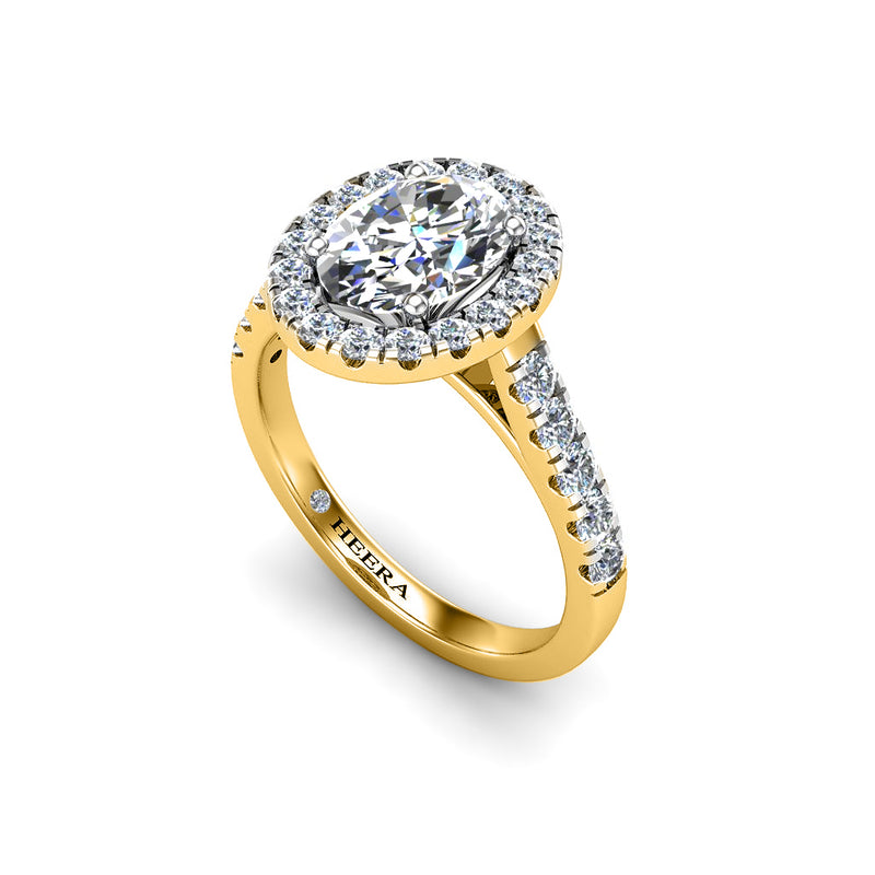 JESSICA - Oval Cut Engagement Ring with Diamond Halo and Shoulders in Yellow Gold - HEERA DIAMONDS