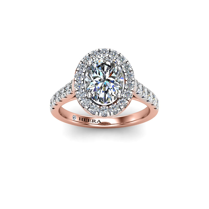 JESSICA - Oval Cut Engagement Ring with Diamond Halo and Shoulders in Rose Gold - HEERA DIAMONDS