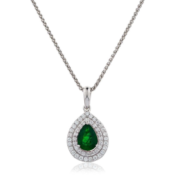 Pear Cut Emerald Cluster Pendant with Double Diamond Halo - HEERA DIAMONDS