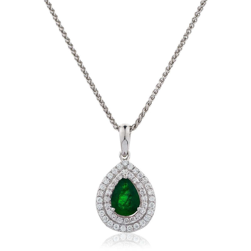 Pear Cut Emerald Cluster Pendant with Double Diamond Halo - HEERA DIAMONDS