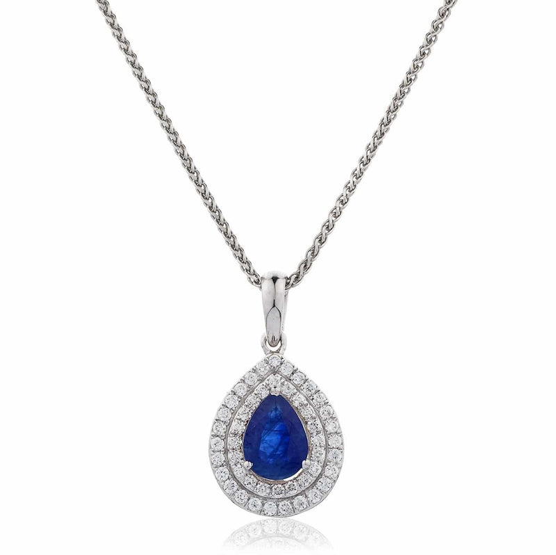 Pear Cut Sapphire Pendant with Double Diamond Halo - HEERA DIAMONDS