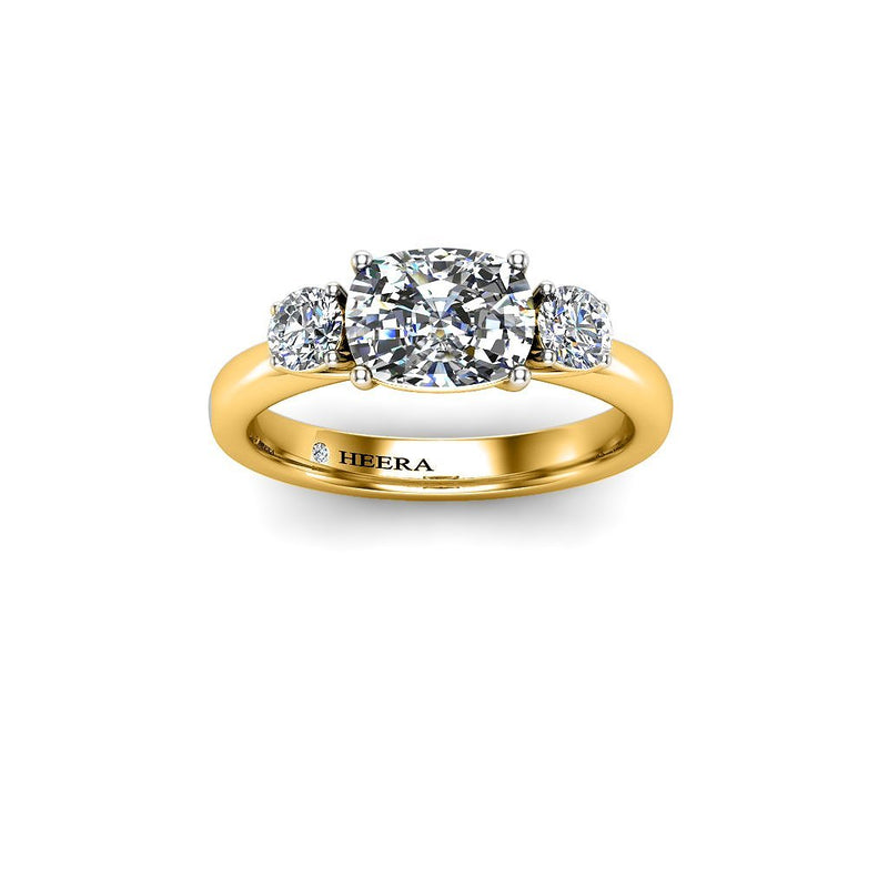 GINGER - Cushion Trilogy Engagement Ring in Yellow Gold - HEERA DIAMONDS