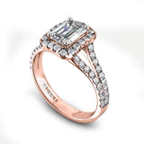 CHARISSE - Emerald Engagement Ring with Diamond Split Shoulders and Halo in Rose Gold - HEERA DIAMONDS